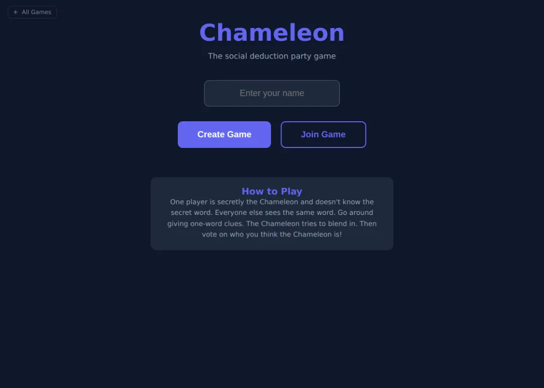 Chameleon start screen with Create Game and Join Game buttons