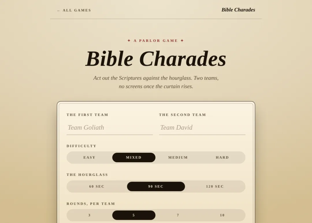 Bible Charades setup screen with team names, difficulty, timer, and rounds