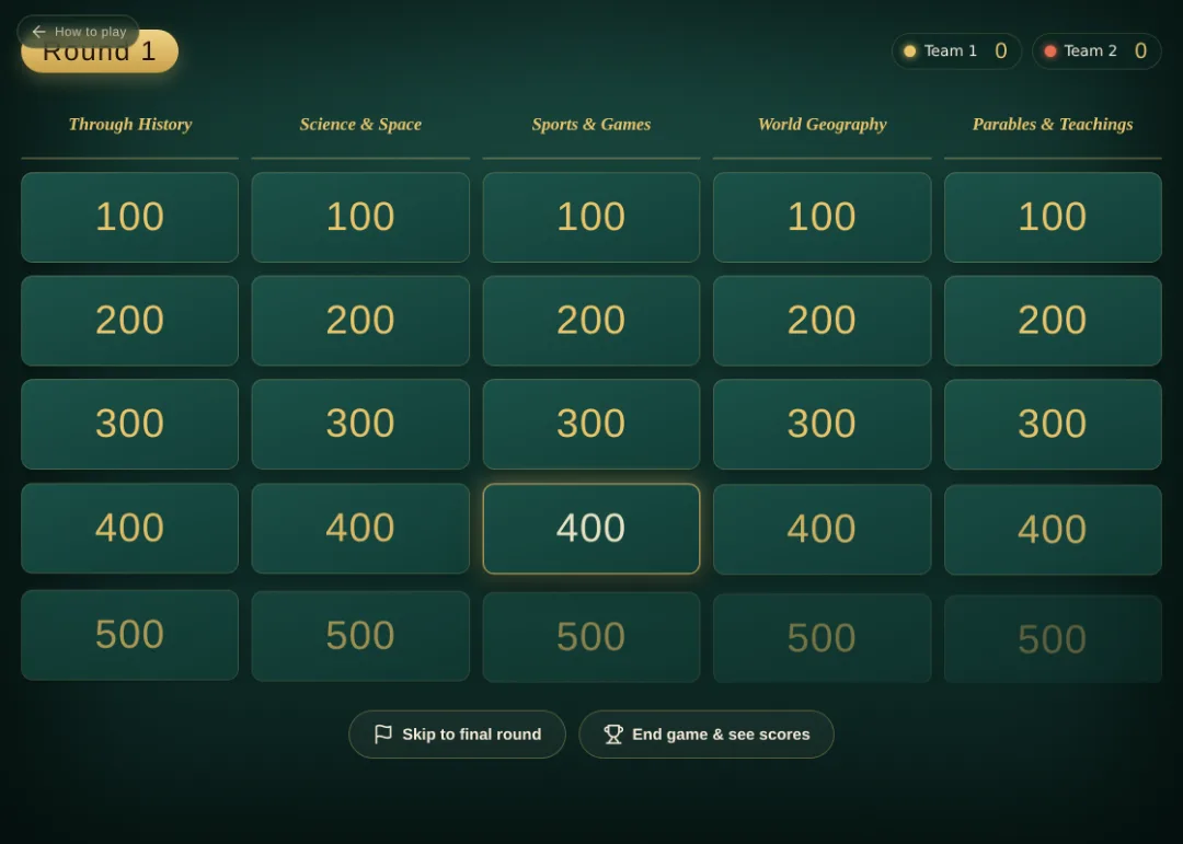 Quiz Night jeopardy-style board of categories and point values