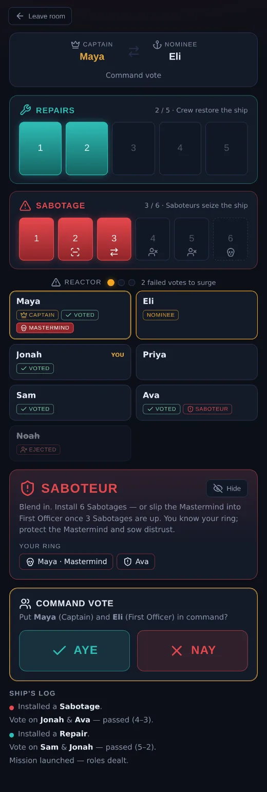 A Saboteur's phone showing their secret role and a command vote