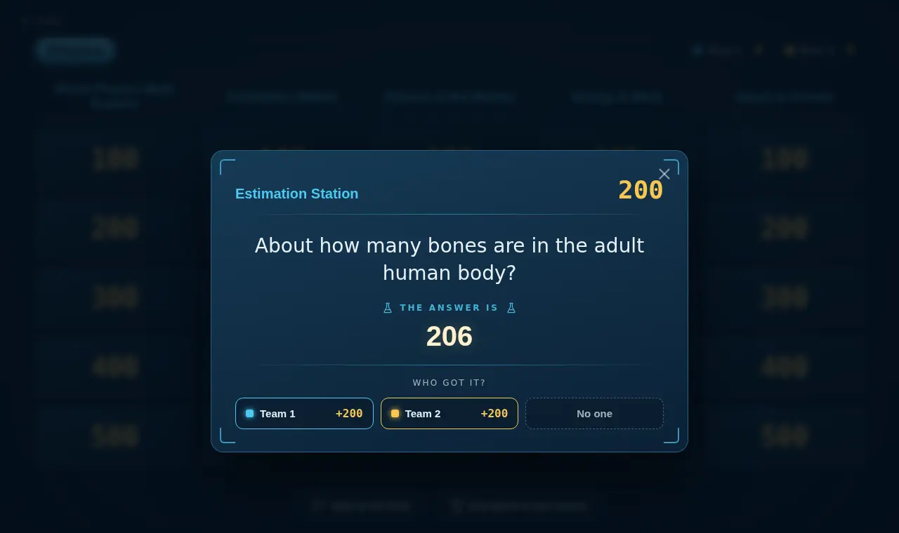 A revealed STEM Jeopardy question with the answer and teams to award