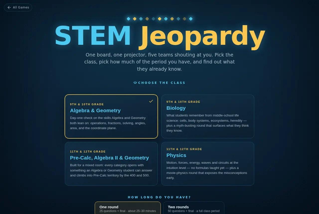 STEM Jeopardy setup screen showing the four class packs
